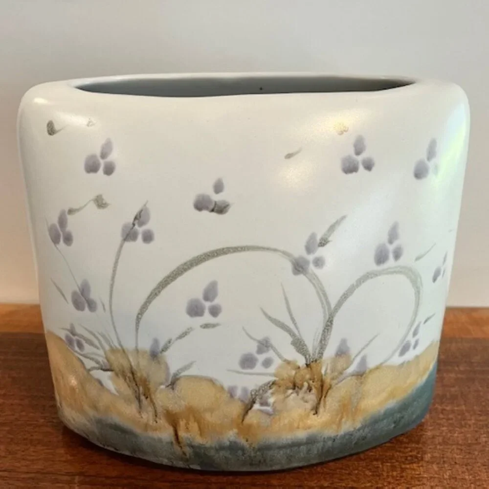 Oval Flat Floral Pottery Vase Handmade Signed
